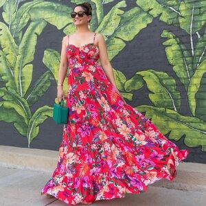 Eliza J Front Tie Tropical Floral Tiered Maxi Dress. Size 4